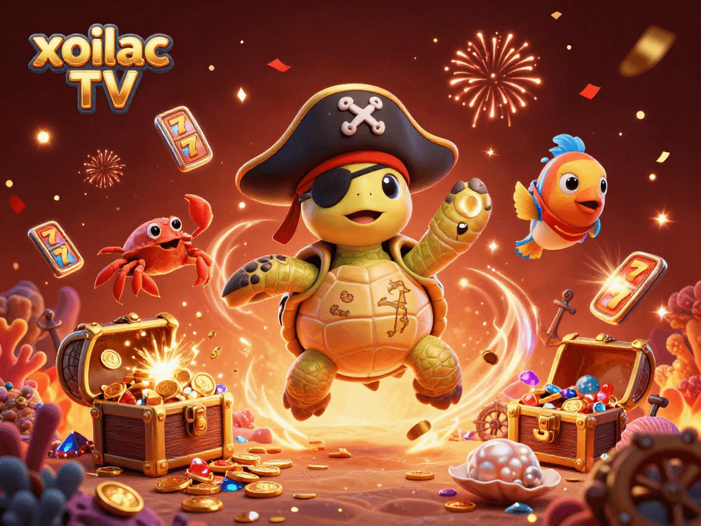 Hình ảnh xoilac TV mô tả con rùa tinh nghịch và các yếu tố casino trong một khung cảnh sôi động.