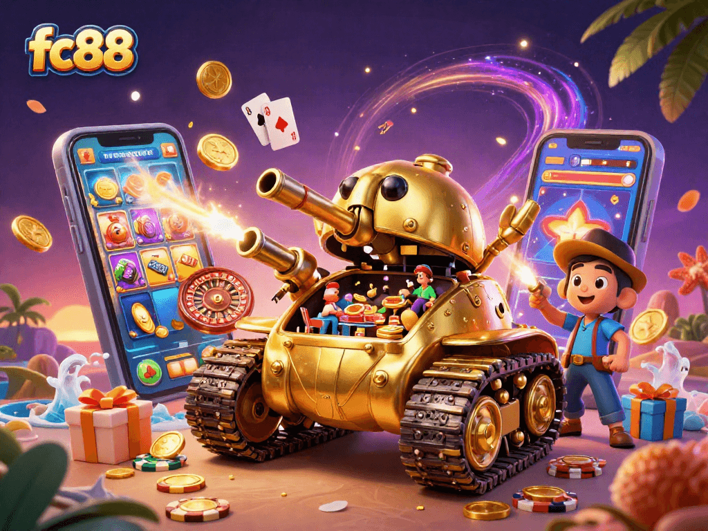 Chơi game tại fc88 với hình ảnh tank vàng hoành tráng và casino mini bên trong.