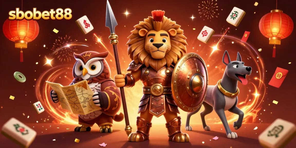 sbobet88 reveals a vibrant 3D scene with a Spartan lion, an owl strategist, and a swift greyhound, amid festive casino elements.