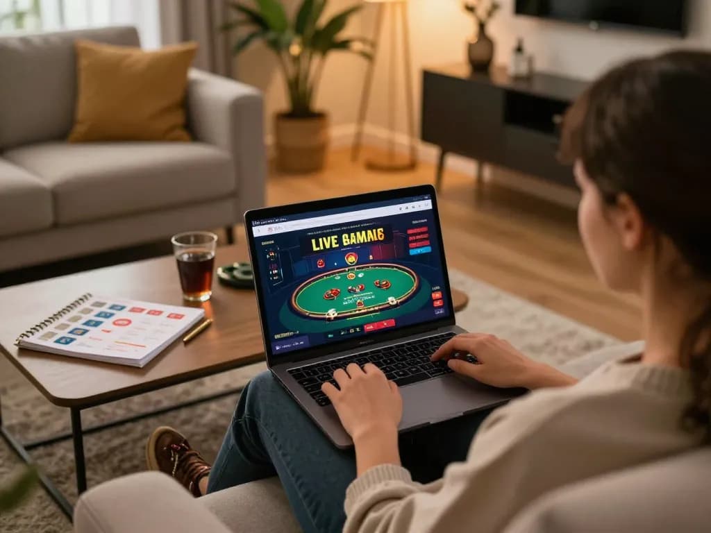 Engaging in Live Casino gaming at home with a laptop and poker interface.