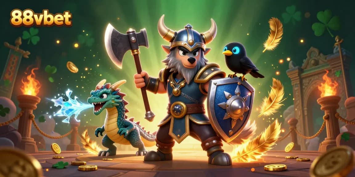 Experience thrilling gameplay at 88vbet with a Viking wolf warrior and mystical creatures in a dynamic casino setting.