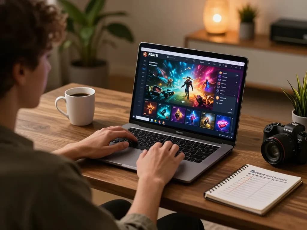 Engaging in PERI11 online gaming with a laptop setup and strategic insights.