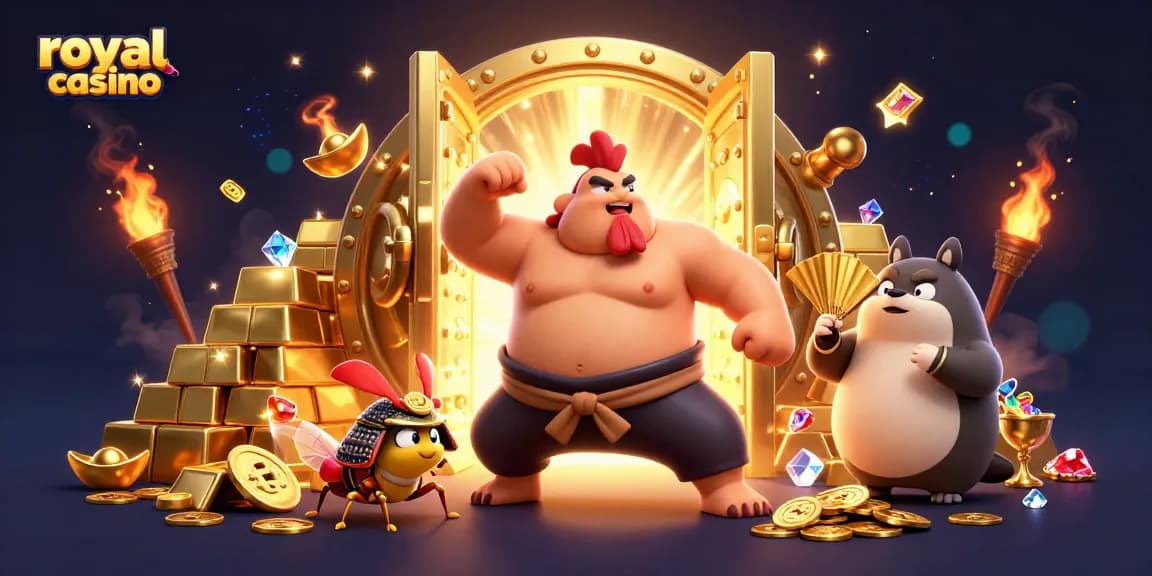 Enjoy the royal casino experience with vibrant characters and dazzling treasures in a 3D illustration.