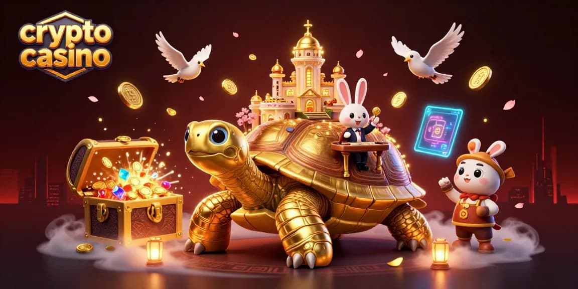 Engage in the crypto casino experience with a vibrant scene featuring a golden tortoise and rabbit dealer.