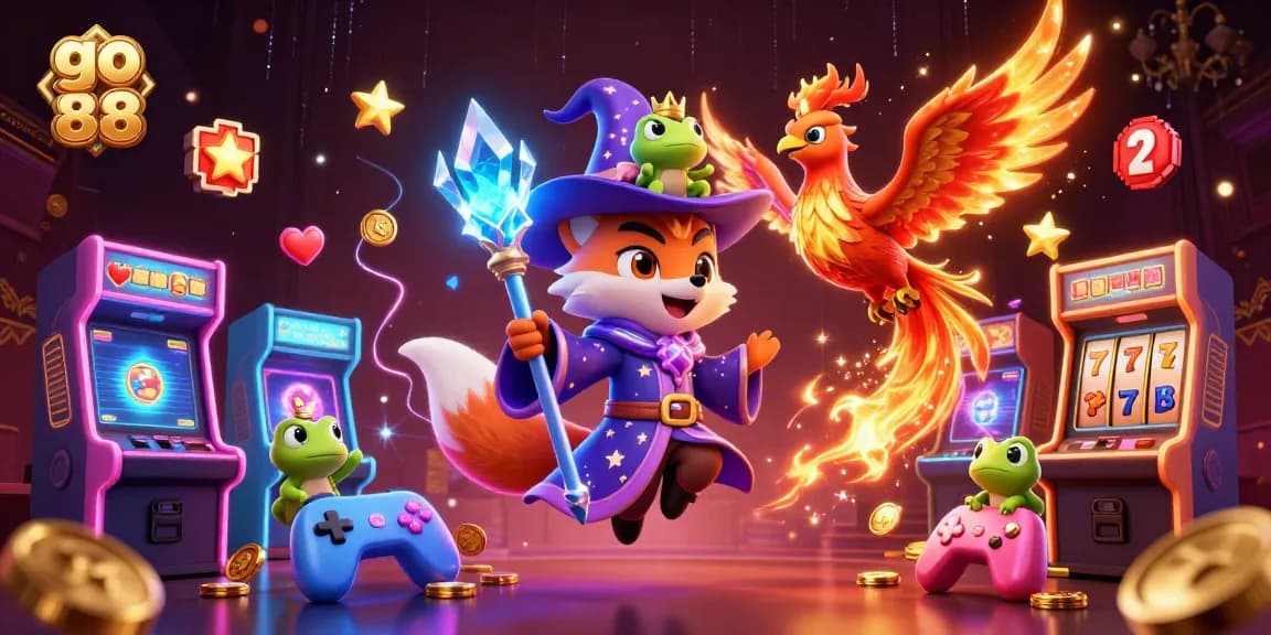 Engage with go 88's vibrant casino adventures featuring a magical wizard and phoenix in a thrilling gaming scene.