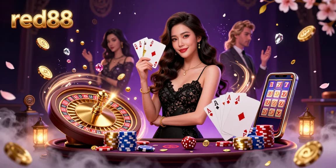 Engaging red88 casino scene showcasing an elegant woman holding cards amidst dynamic gaming elements and golden coins.