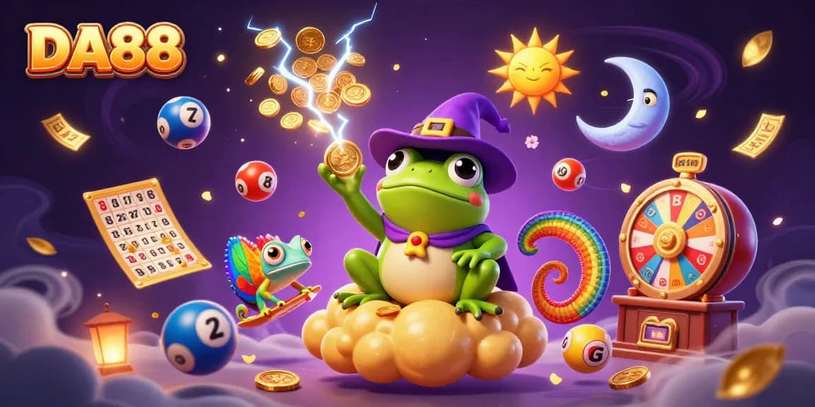 DA88 captures the excitement of a vibrant casino storm with golden coins, lottery balls and enchanting characters.