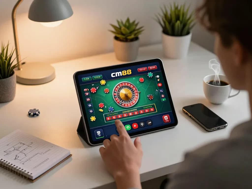 Engaging in cm88 casino gameplay on a tablet in a cozy home office environment