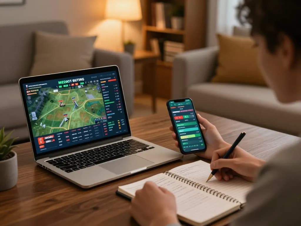 Person analyzing betting odds on laptop and smartphone while engaging with 789F for online sports betting.