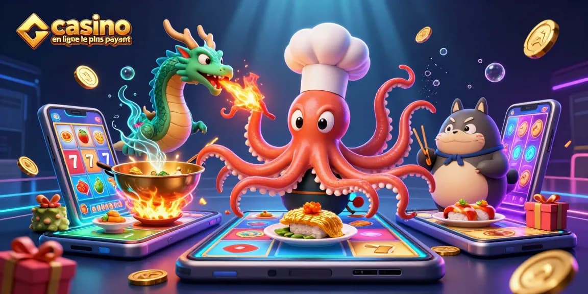 Scène engageante mettant en avant le casino en ligne le plus payant, avec un chef pieuvre et des éléments de jeu vibrants.