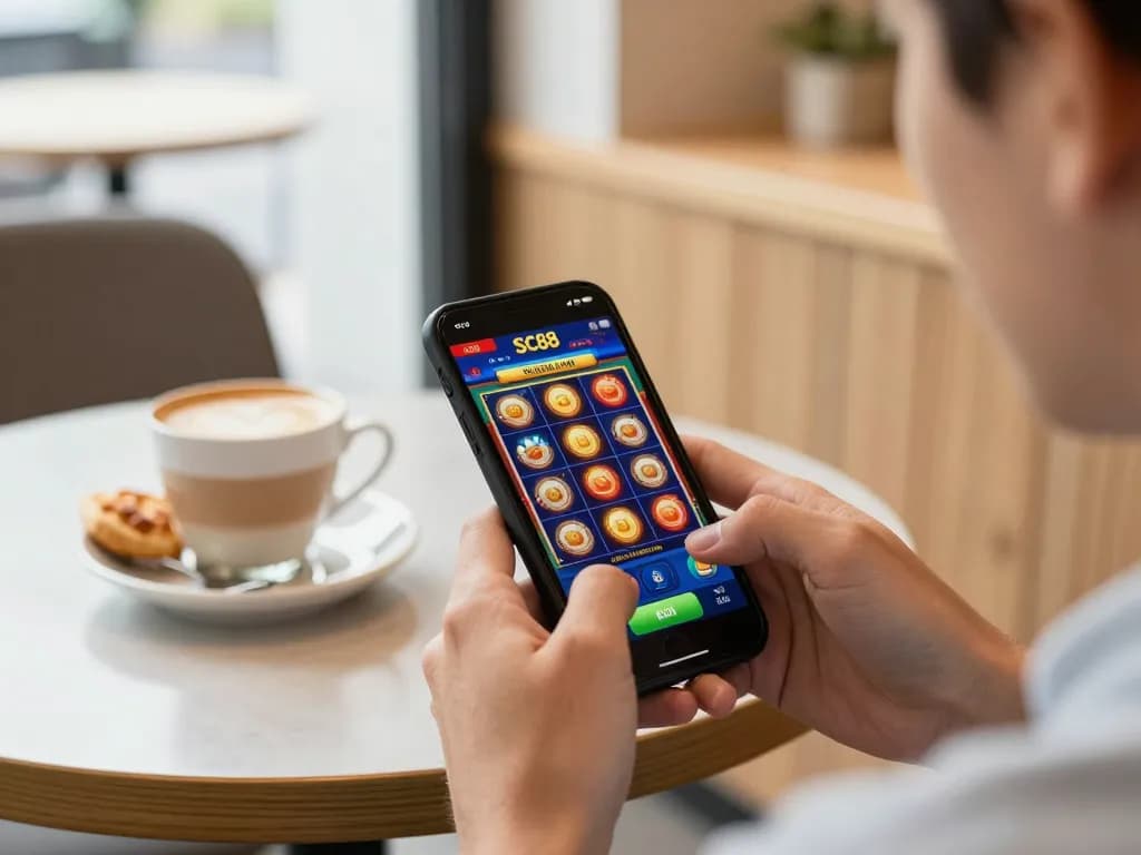 Player engaging with SC88 mobile casino app while enjoying coffee, showcasing online gaming in a café setting