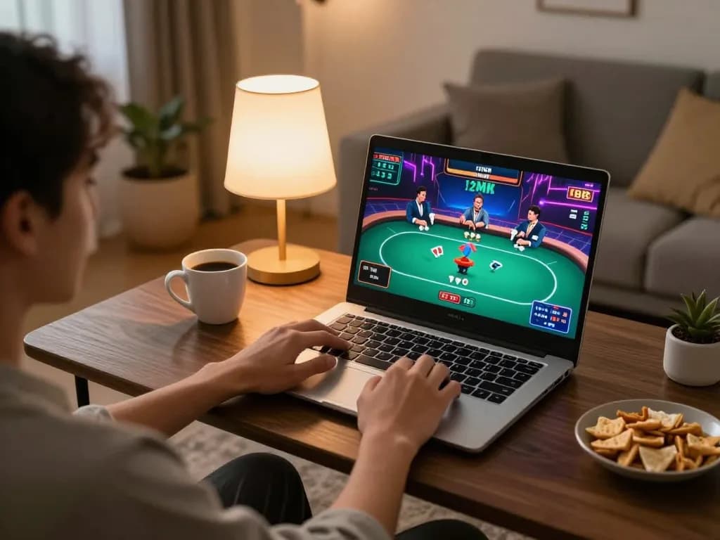 Player engaging with F168 online poker game on laptop in cozy home setup.