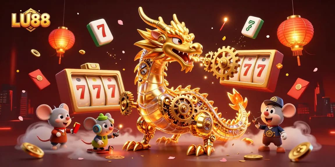 Engage with LU88's slot games featuring a golden dragon and dynamic casino elements.