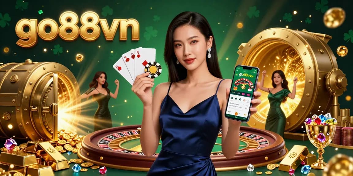 Engage with go88vn casino through a dynamic scene showcasing a stunning woman with a golden chip and smartphone amidst gold treasures.