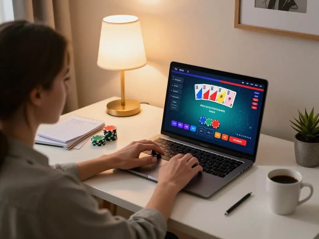 Engaged player enjoying Fly88 poker game on a laptop in a cozy setup