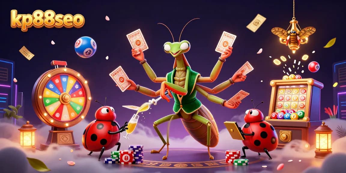 Experience vibrant gambling action with KP88SEO in a dynamic casino-themed scene featuring exciting games and characters.