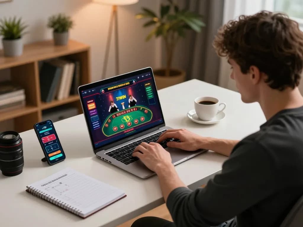 77WIN live dealer game on laptop with focused player in a cozy home office.