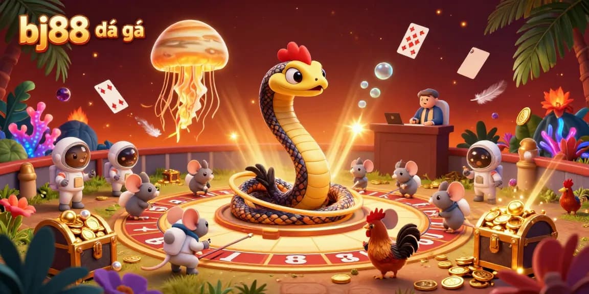 Bettors engage in bj88 đá gà cockfighting action with astronaut mice placing strategic bets in a vivid cosmic setting.