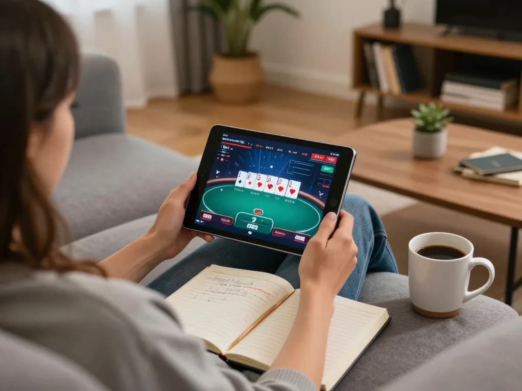 Engaging poker gameplay on Pokerseri tablet, cozy home setting with strategic notes.