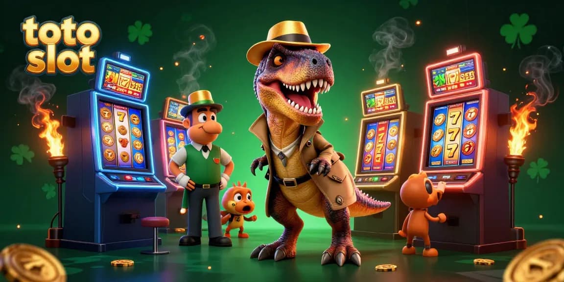 Engage in thrilling toto slot action with colorful machines and cartoon velociraptor characters in an immersive casino scene.