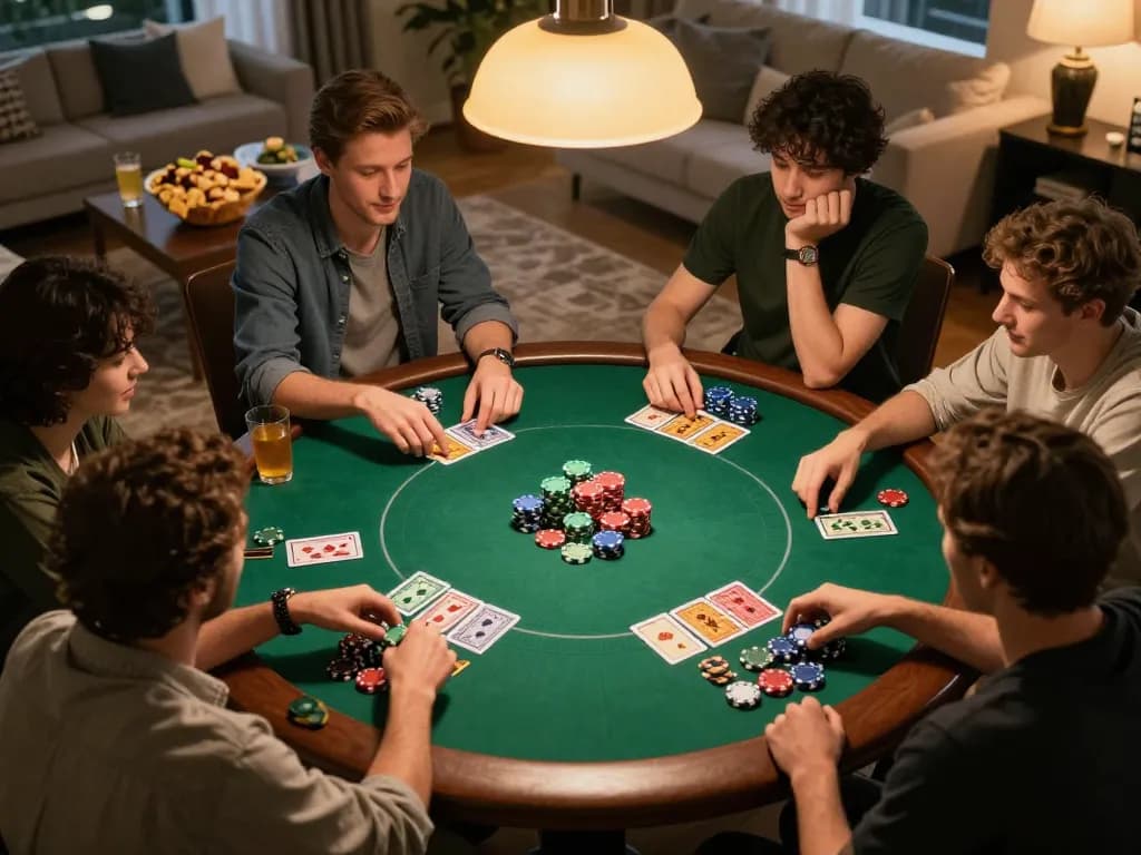 Play poker with friends during a cozy home night showcasing 789win strategies.