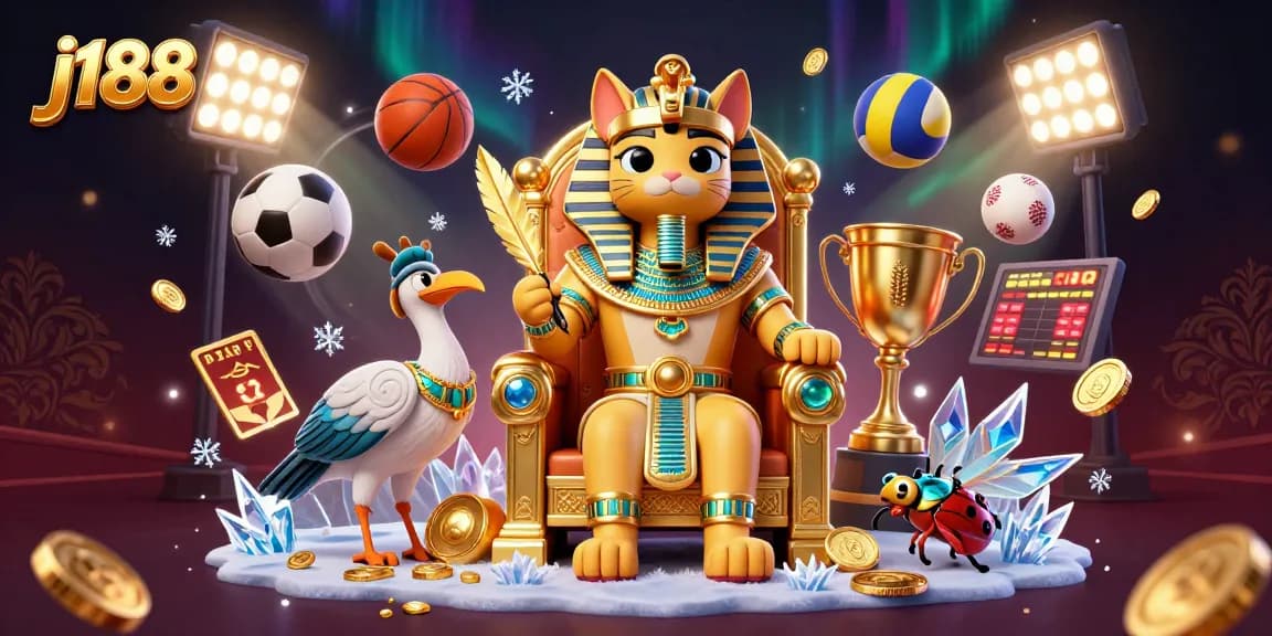 Engage with j188's vibrant sports betting scene featuring an Egyptian pharaoh cat and dynamic sports elements.