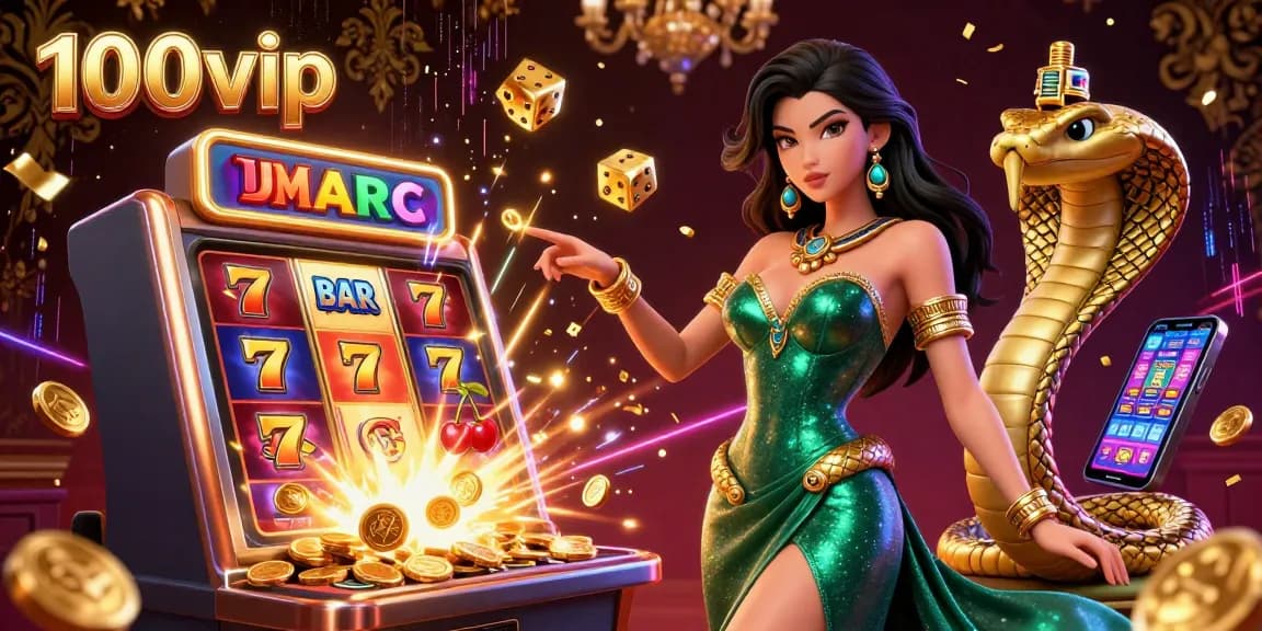 Win big at 100vip with an exciting 3D casino scene featuring a glamorous woman and golden slot jackpot.