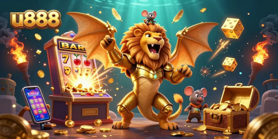 Experience thrilling wins at u888 with a vibrant slot machine and a fantastical chimera in a magical casino