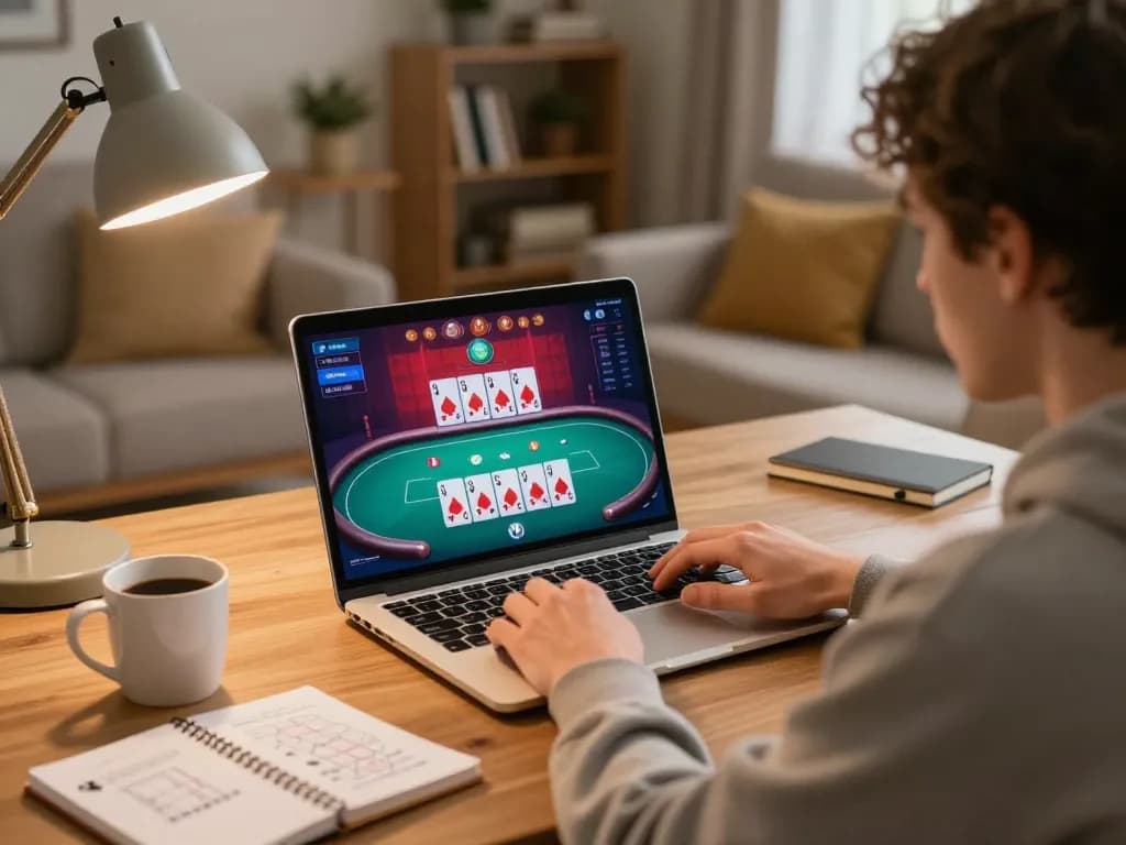 Player engaging in strategic F8bet poker gameplay at home while reviewing notes