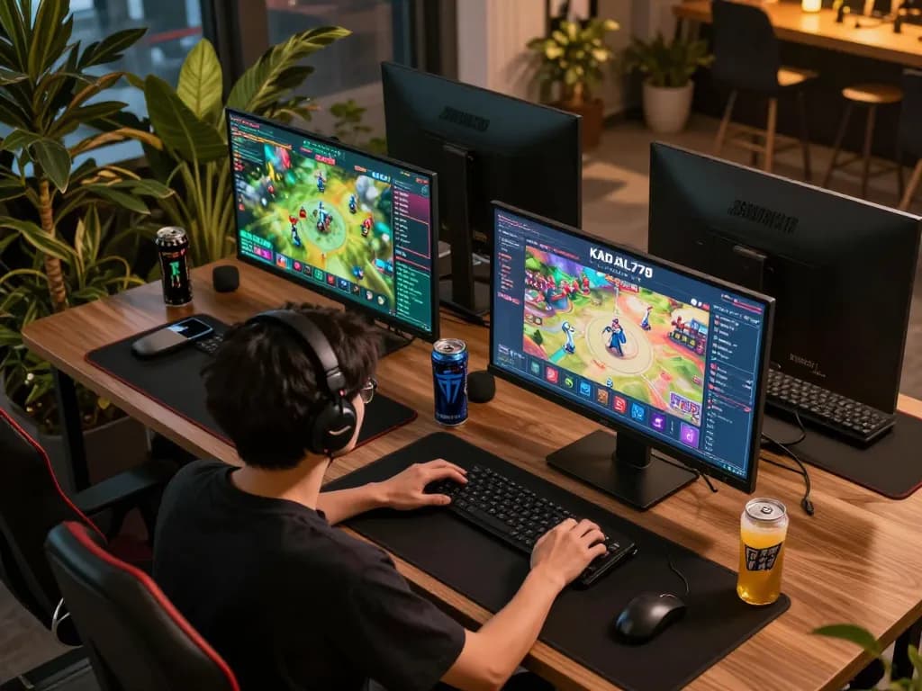 KADAL778 player immersing in strategic online gaming using multiple screens for optimal gameplay.