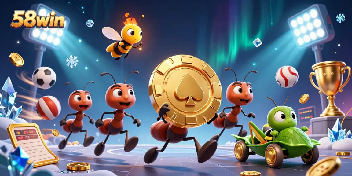 Engage with 58win's thrilling atmosphere as ants carry a gigantic poker chip amidst dynamic sports elements.