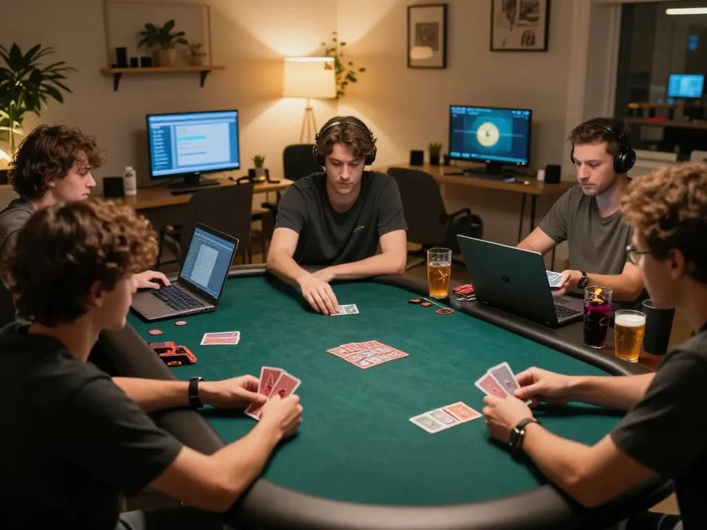 Players engaged in an online poker game with TG88 on their screens, showcasing dynamic gameplay and cozy atmosphere.