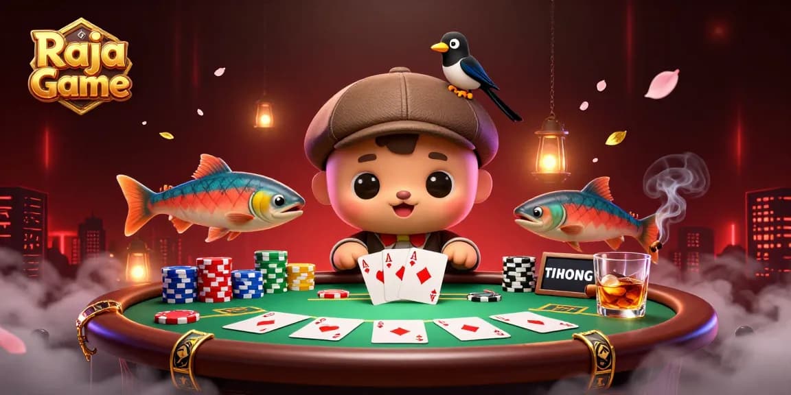 Engage in thrilling games at Raja Game with a vibrant poker scene featuring cute characters.