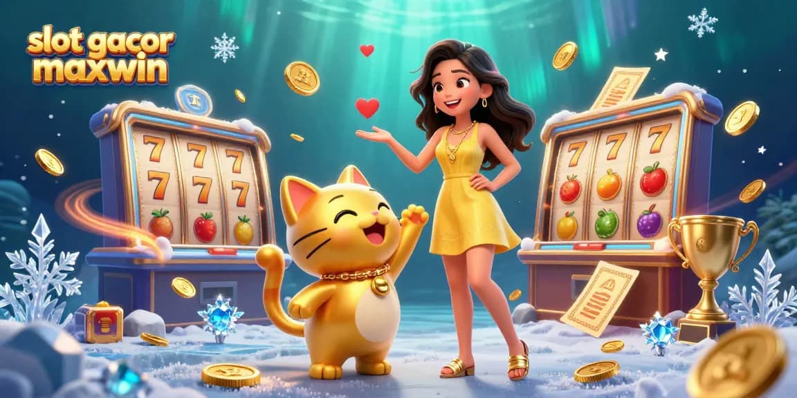 Catch slot gacor maxwin with an Asian woman and a lucky cat among slot reels and vibrant game elements