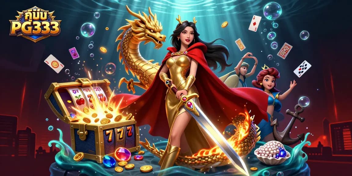 Experience exciting gameplay elements in คู่มือ PG333, featuring vibrant slot symbols and a warrior queen.