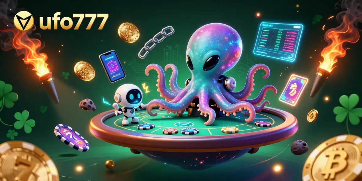 Experience thrilling poker action with ufo777, featuring a vibrant alien octopus and crypto elements.