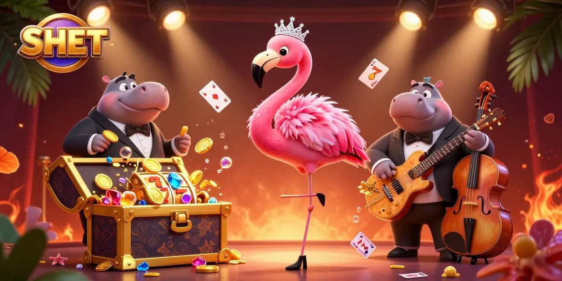 Experience SH BET with vibrant casino visuals showcasing a 3D flamingo singer and hippo bassist amidst slot reels and gold.