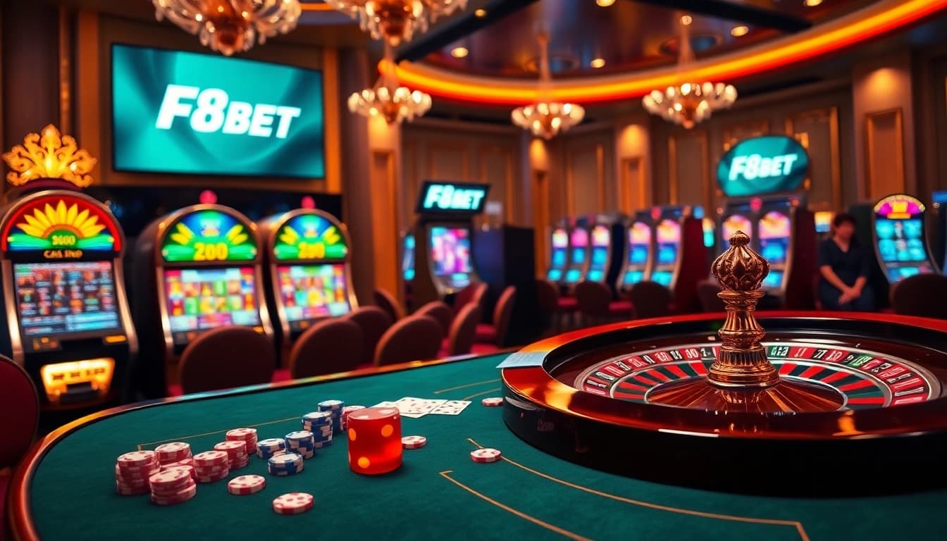 Engage in thrilling betting activities at https://f8bet.net.in/ with casino tables and vibrant slot machines.
