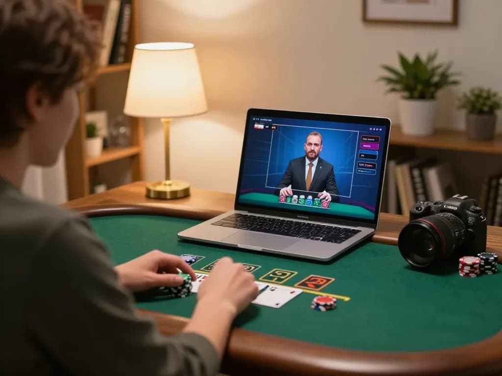 Player engaging in online blackjack at home using bcx88, showcasing a live dealer on laptop.