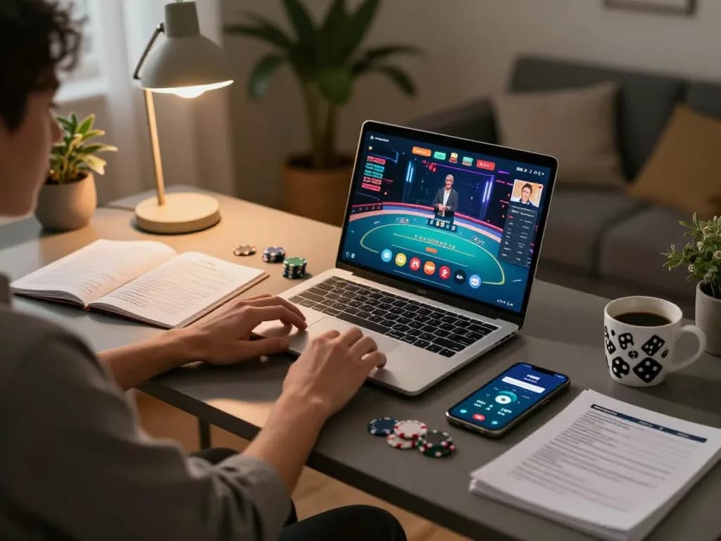 Engaging in an online blackjack game using sc88 with strategic notes and a laptop setup