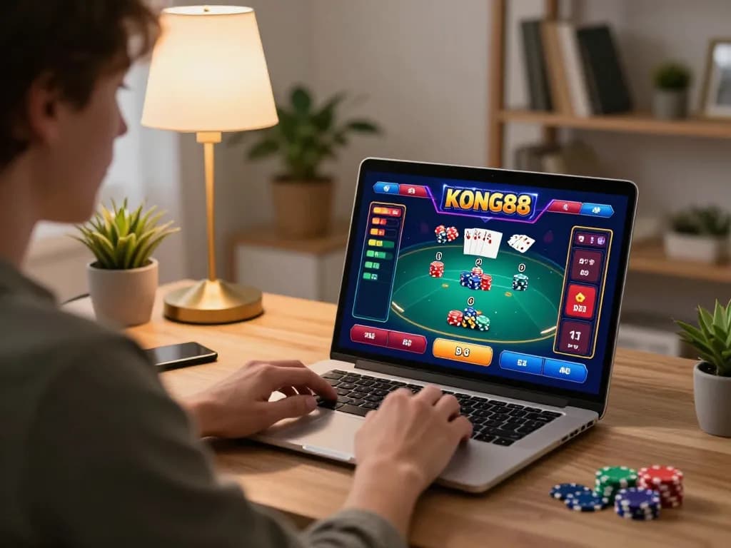 KONG88 player strategizing during an engaging online casino session at home