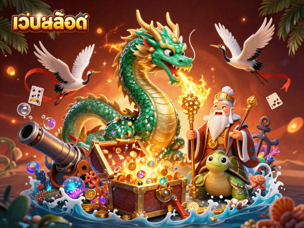 Experience the excitement of เว็บสล็อต with a vibrant 3D illustration showcasing a jade dragon and treasures.
