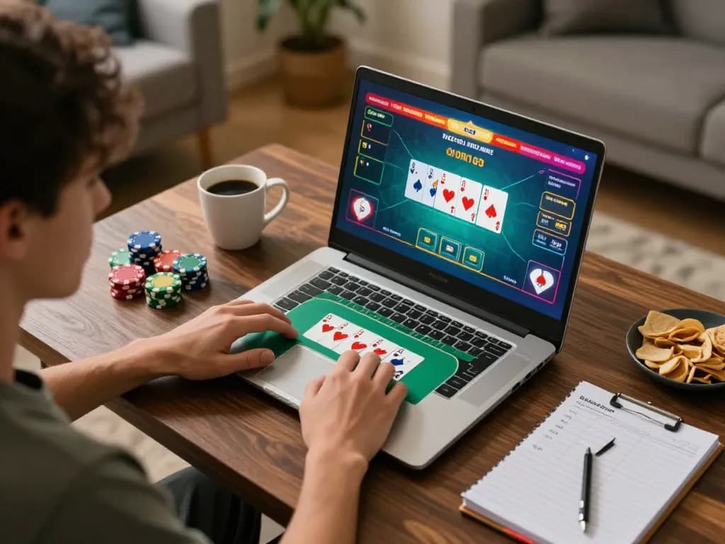 hitclub player enjoying an online poker game in cozy home setting with strategic tools