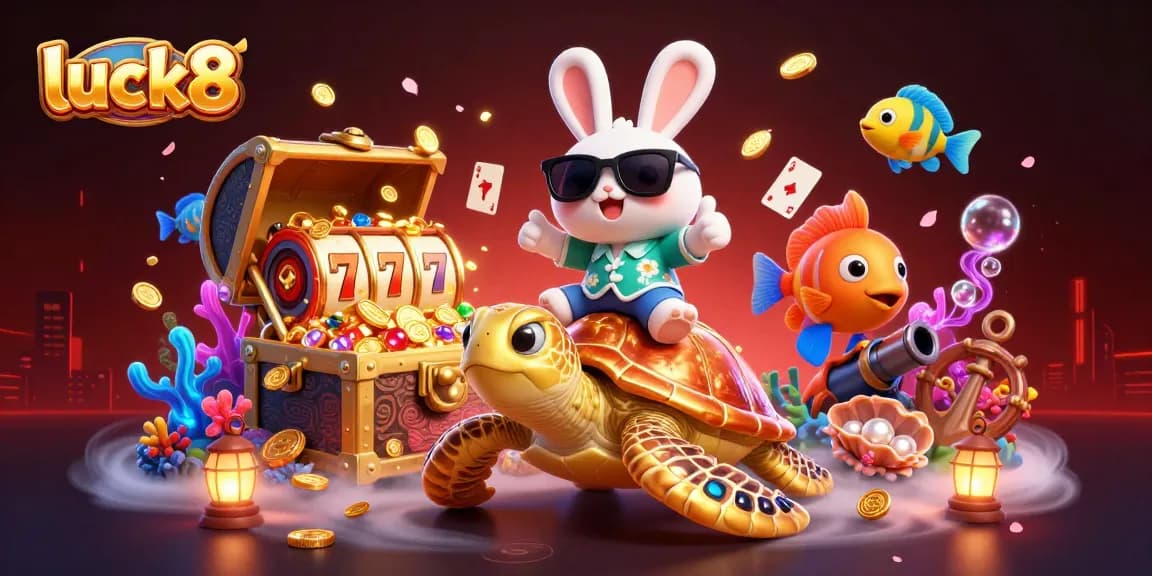luck8 celebrates winning with a lucky rabbit and golden turtle, featuring vibrant slot game elements.