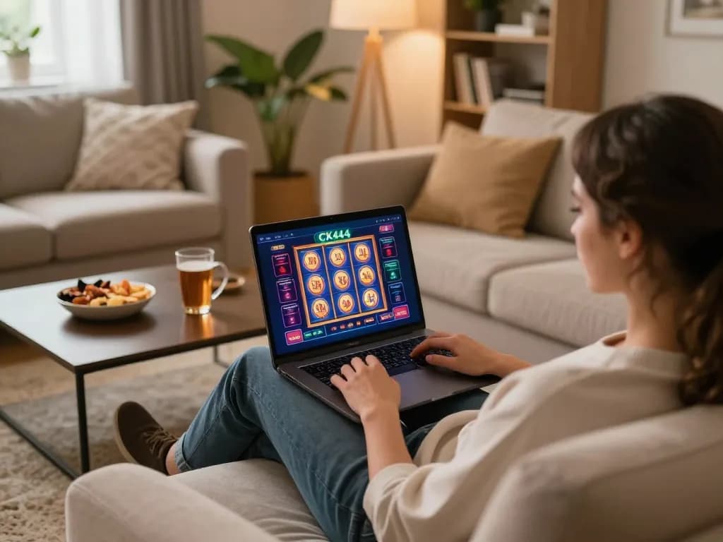 Engaging in gameplay on CK444 platform from a cozy home setup, emphasizing online gambling convenience