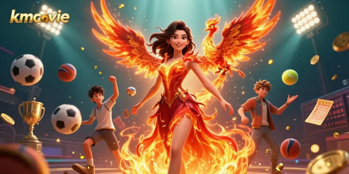 kmovie showcases thrilling sports action with a stunning Asian woman, flaming gown, and fiery elements.