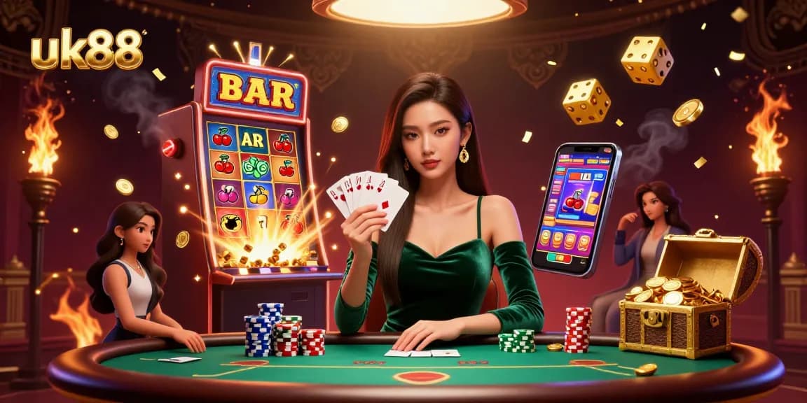 Experience thrilling gameplay at uk88 with a beautiful player at the poker table, surrounded by jackpots.