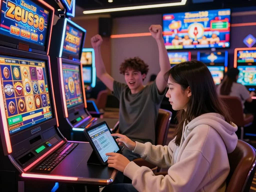 Exciting moment at Zeus138 online slot gaming platform with players celebrating wins and engaging with live chat.