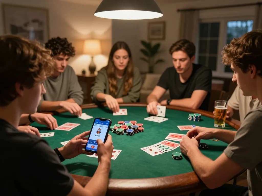Kuwin player enjoying a lively poker game night with friends, smartphone displaying gaming interface.