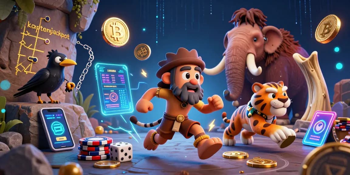 Experience the thrill of kaptenjackpot with a vibrant prehistoric casino scene featuring a caveman duo and crypto elements.